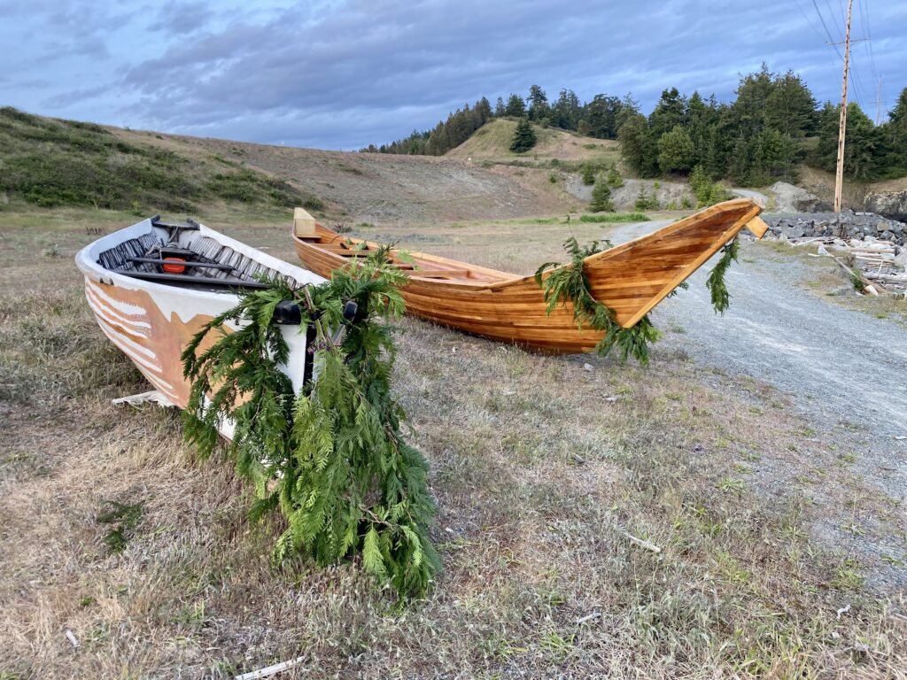 two canoes on a sandy shore with kelp
